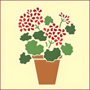 May include: A red and green potted geranium plant with five flowers. The pot is brown and the plant is in a square frame.
