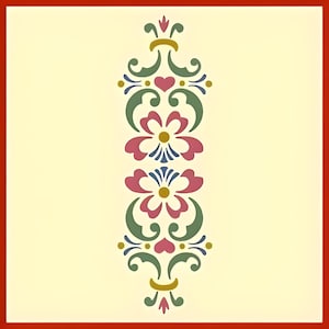 May include: Vertical floral design with symmetrical elements. The design features pink flowers, green leaves, blue accents, and gold details on a cream background, framed by a red border. The pattern is decorative and ornate.