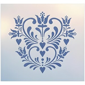 May include: A blue damask stencil with a heart design. The stencil is made of reusable plastic and can be used to create a variety of decorative patterns.