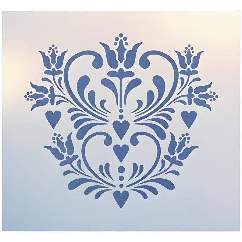 May include: A blue damask stencil with a heart design. The stencil is made of reusable plastic and can be used to create a variety of decorative patterns.