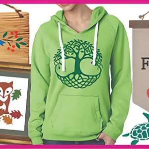 May include: A collection of stencils for crafting and home decor projects. The stencils feature designs like a tree of life, birds on a branch, a fox, a turtle, a heart with the word "home", a fairy, and a floral design. The stencils are shown on various surfaces, including a wooden cabinet, a hoodie, a canvas bag, a mason jar, and a wooden sign.