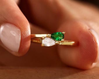 Custom Birthstone Ring, Personalized Toi et Moi Ring, Minimalist Emerald Ring for Her, Two Stone Ring, Wedding Gift, Birthday Gift for Mom