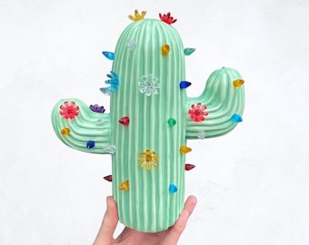 Mint Green Lighted Ceramic Cactus: Modern Home Decor