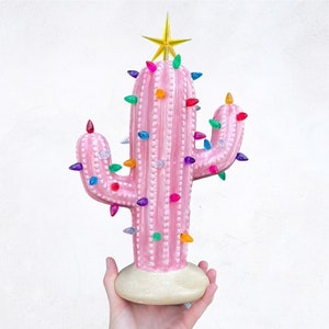 Pink Ceramic Cactus Light, Lighted Christmas Cactus, Christmas Tree Cactus