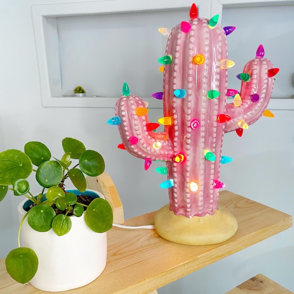 Pink Ceramic Christmas Cactus Light: Holiday Home Decor