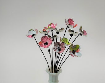 Bright Pink and Green Bouquet of Forever Blooming Tin Flowers, Free Shipping In US