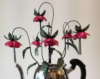 Hot Pink Fuchsia Forever Blooming Tin Flowers Growing From Vintage Coffee Pot