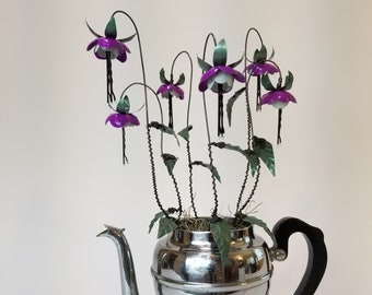 Lovely Purple Fuchsia Forever Blooming Tin Flowers Growing From Vintage Coffee Pot