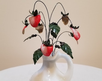 Forever Blooming Strawberries in Milk Glass Cruet Repurposed Art Free Shipping in USA