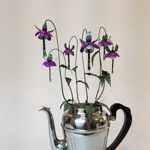 Lovely Purple Fuchsia Forever Blooming Tin Flowers Growing From Vintage Coffee Pot image 1