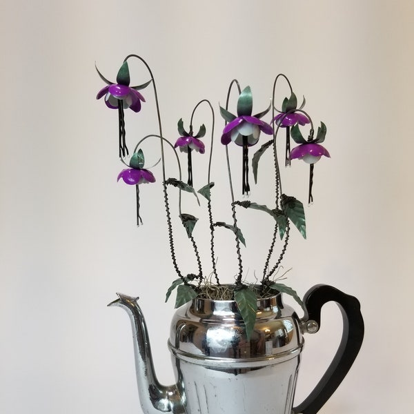 Lovely Purple Fuchsia Forever Blooming Tin Flowers Growing From Vintage Coffee Pot