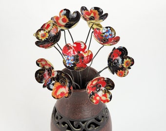 Lush Red and Black Bouquet of Forever Blooming Tin Flowers, Free Shipping In US