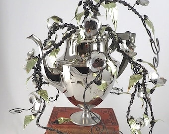 Shiny  Forever Blooming Vine Growing Wildly From An Awesome Vintage Coffee Percolator