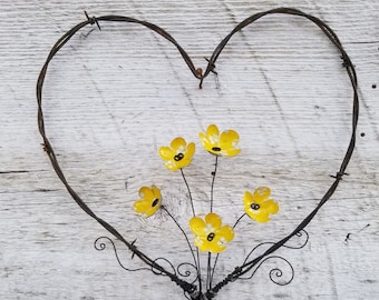 Forever Blooming Barbed Wire Heart Bright Yellow Flowers Free Shipping In the USA