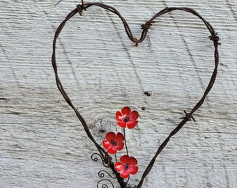 Forever Blooming Barbed Wire Heart With Red Flowers Free Shipping In the USA