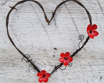 Simple Forever Blooming Barbed Wire Heart With Red Flowers Free Shipping In the USA, Made to Order