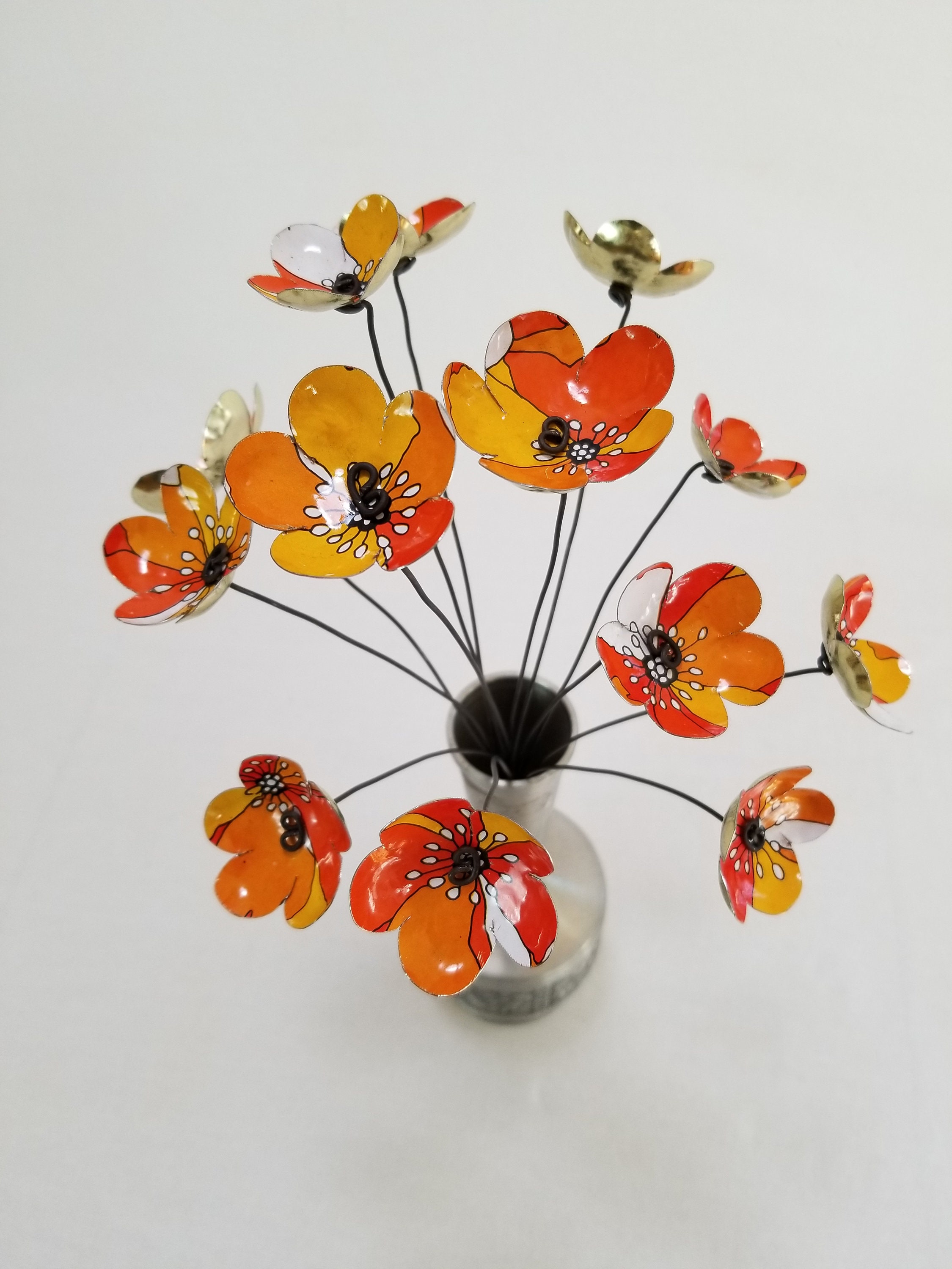 Wonderful Orange, Red  and Yellow Bouquet of Forever Blooming Tin Flowers, Free Shipping In US