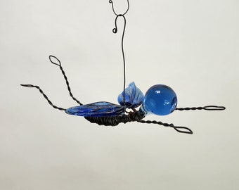 Blue Woodland Fairy In Flight With Vintage Glass Head and Wings, Free Shipping In USA