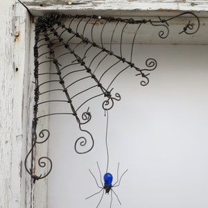 Czechoslovakian Blue Spider Dangles From 12"  Barbed Wire Corner Spider Web