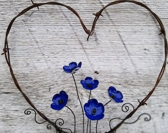 Forever Blooming Barbed Wire Heart With Blue Flowers Free Shipping In the USA