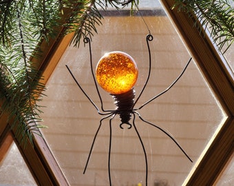 Orange with Golden Sparklies Sun Catcher Window Spider Hanging Art, Made to Order