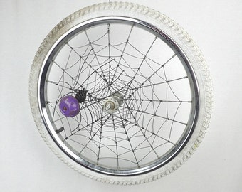 Bicycle Wheel Spider Web with Vintage Purple Bell Spider