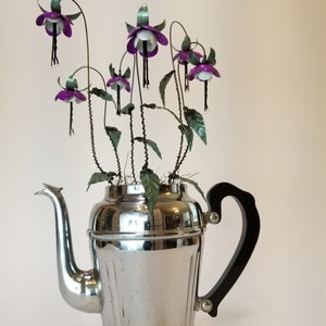Lovely Purple Fuchsia Forever Blooming Tin Flowers Growing From Vintage Coffee Pot image 6