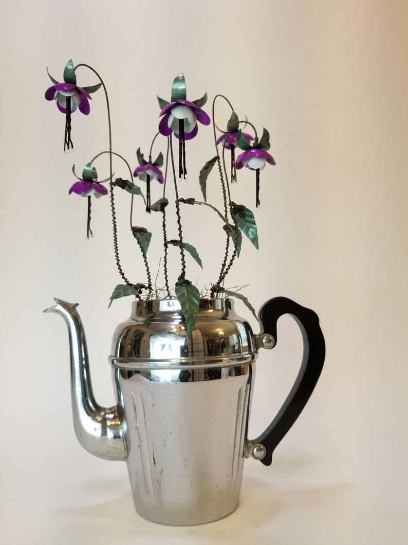 Lovely Purple Fuchsia Forever Blooming Tin Flowers Growing From Vintage Coffee Pot image 6