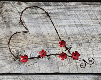 Forever Blooming Barbed Wire Heart With Red Flowers Flowers Free Shipping In the USA
