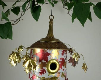 Gold and Red, Maple And Oak Leaves  Metal Birdhouse With Bird Feeder