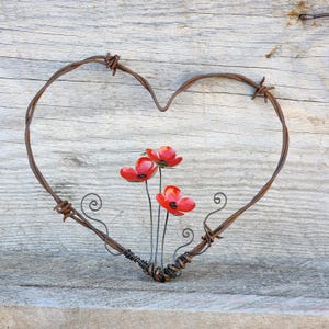 Forever Blooming Barbed Wire Heart With Red Flowers Free Shipping In the USA, Made to Order