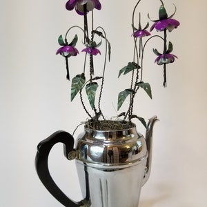 Lovely Purple Fuchsia Forever Blooming Tin Flowers Growing From Vintage Coffee Pot image 2