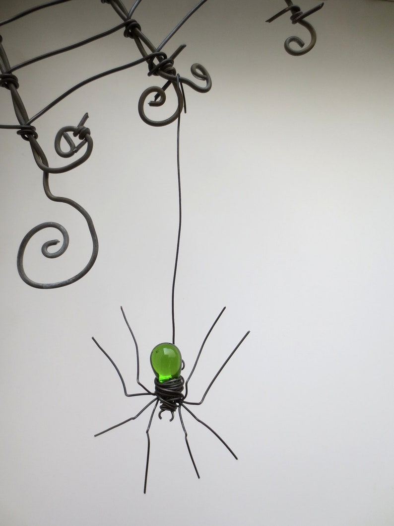 Czechoslovakian Green Spider Dangles From 12 Barbed Wire Corner Spider Web , Free Shipping in US image 2