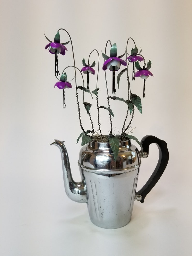 Lovely Purple Fuchsia Forever Blooming Tin Flowers Growing From Vintage Coffee Pot image 1