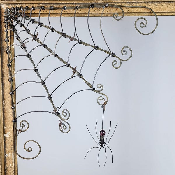 Czechoslovakian Purple Spider Dangles From 12"  Barbed Wire Corner Spider Web