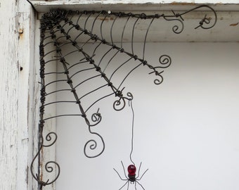 Czechoslovakian Red Spider Dangles From 12"  Barbed Wire Corner Spider Web Made To order