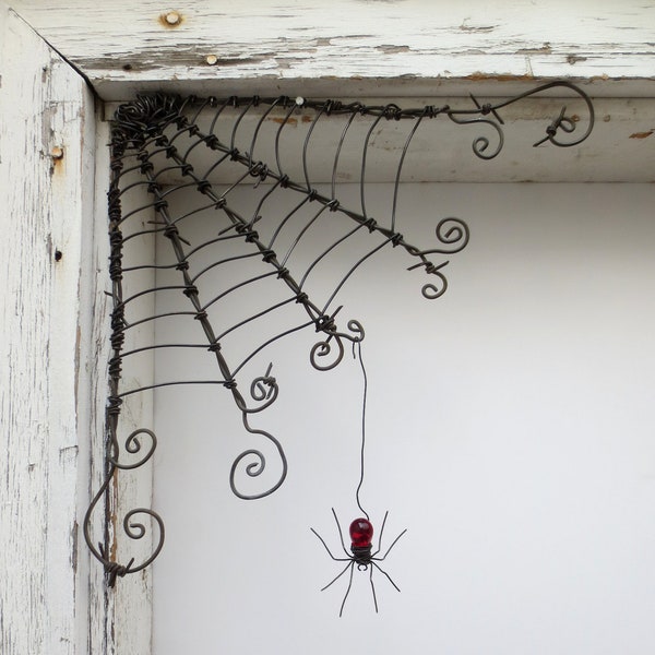 Czechoslovakian Red Spider Dangles From 12"  Barbed Wire Corner Spider Web Made To order