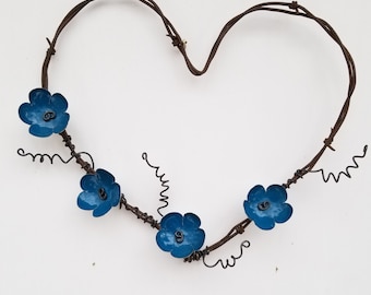 Forever Blooming Barbed Wire Heart With Blue GreenFlowers Free Shipping In the USA