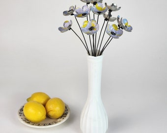 Lemon and Light Blue Blossoms  Bouquet Forever Blooming Flowers  Repurposed Art Free shipping