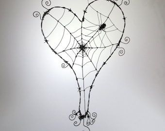 Wonky Barbed Wire Heart With Spider Web And Spider Made To Order