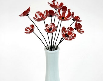 Bright Red and White Bouquet of Forever Blooming Tin Flowers Free Shipping In US