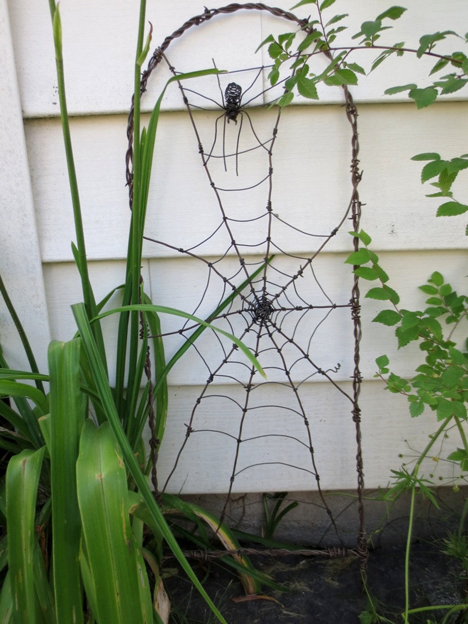 Spider in A Tattered Web Barbed Wire Garden Trellis Made to - Etsy