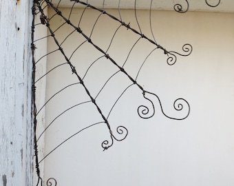 18&quot; Odd Twisted Barbed Wire Corner Spider Web Reclaimed Art