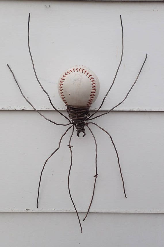 Large Softball and Barbed Wire Spider Repurposed Wire Art 