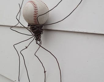 Large Softball and Barbed Wire Spider Repurposed Wire Art