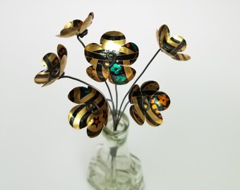 Gold  Striped Black  Bouquet of Forever Blooming Tin Flowers, Free Shipping In US