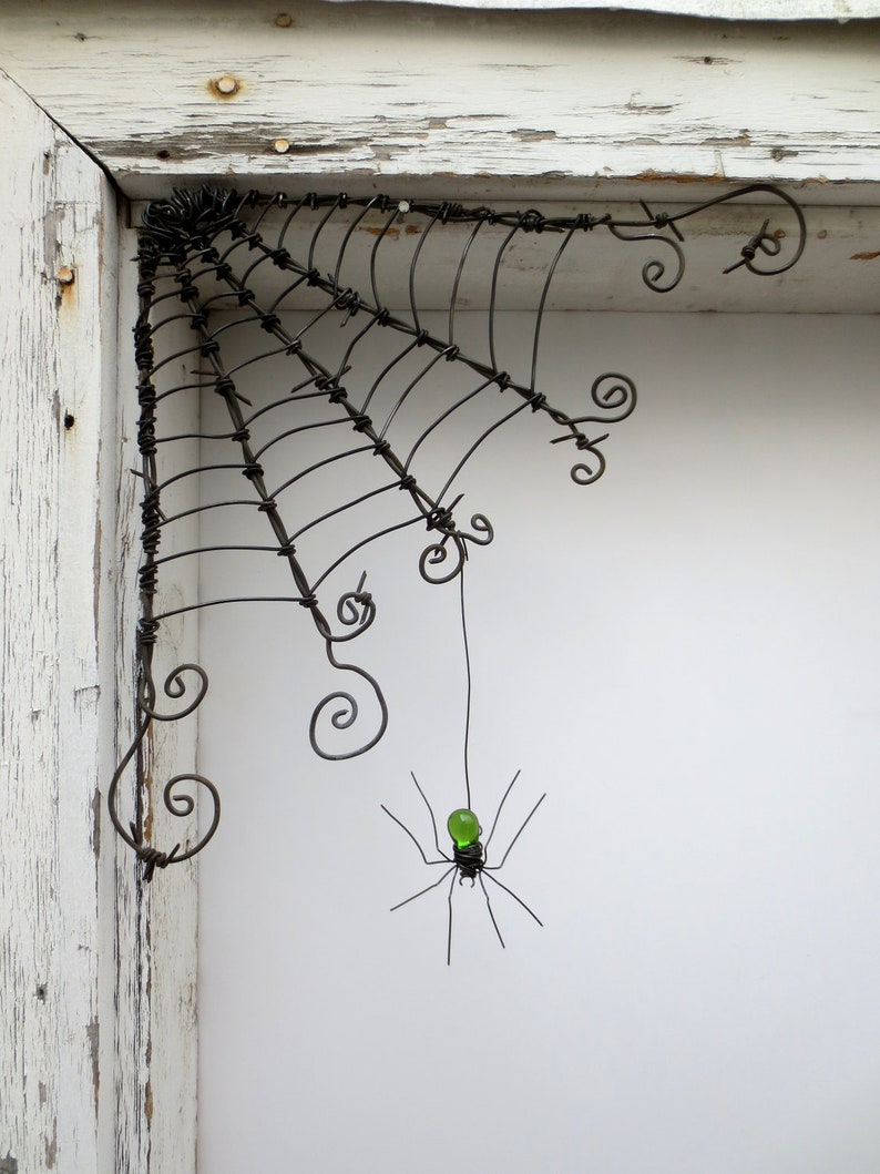 Czechoslovakian Green Spider Dangles From 12 Barbed Wire Corner Spider Web , Free Shipping in US image 5