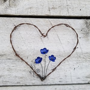 Forever Blooming Barbed Wire Heart With Blue Flowers Free Shipping In the USA, Made to Order