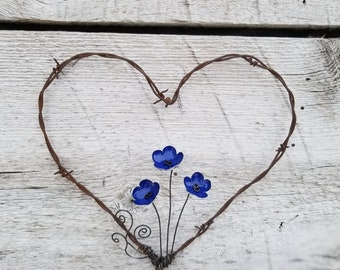 Forever Blooming Barbed Wire Heart With Blue Flowers Free Shipping In the USA, Made to Order