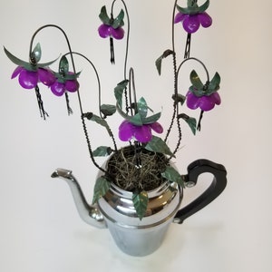 Lovely Purple Fuchsia Forever Blooming Tin Flowers Growing From Vintage Coffee Pot image 4